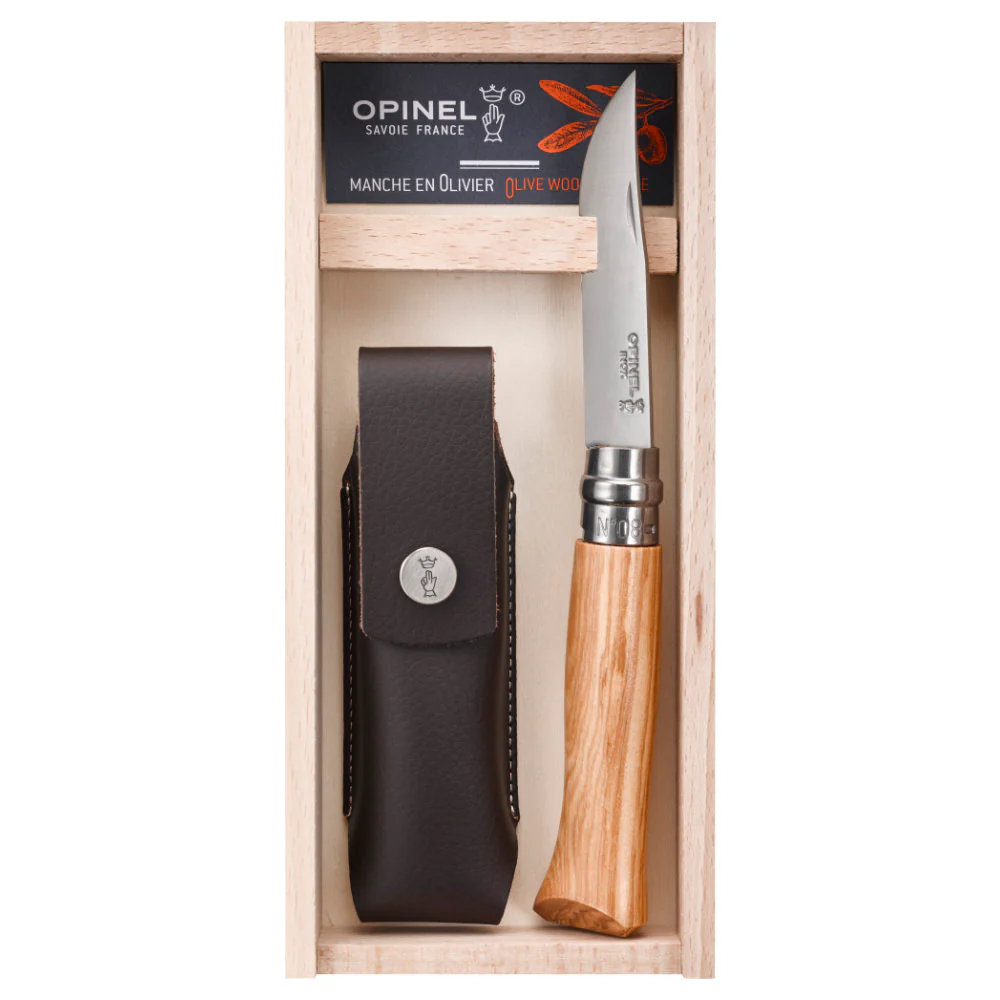 Opinel No.08 Olive Wood and Stainless Steel Folding Knife and Sheath Set