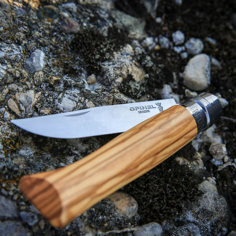 Opinel No.08 Olive Wood and Stainless Steel Folding Knife and Sheath Set - Image 4