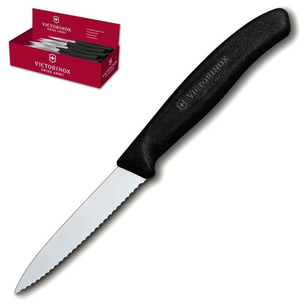 Swiss Classic Paring Knife Display - 2 Dozen 3.25" Serrated Spear Tip Paring Knives by Victorinox - Black Handle (6.7633)