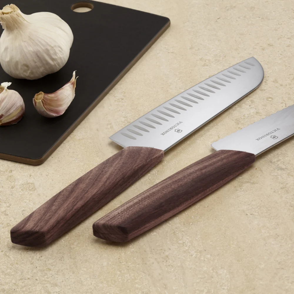 Swiss Modern Wood 7.5" Granton Edge Santoku Knife by Victorinox - Image 4